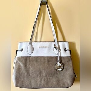White and Beige Canvas Michael Kors Marina North South Large Tote